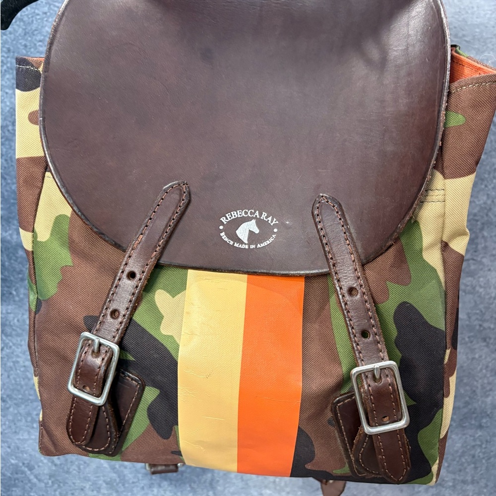 Rebecca Ray Camouflage Backpack with Brown Leather Trim and Orange-Yellow Stripe